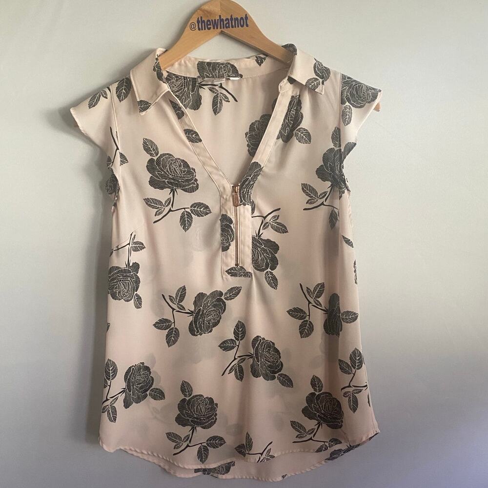 Candie's Rose Floral Ruffle Zip Front Blouse Pink Black Small Romantic Boho Soft